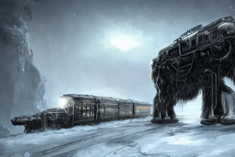 Image similar to an intricate futuristic black steam train and a giant mammoth, post - apocalyptic ice landscape in snowstorm, concept art, artstation, highly detailed, digital art