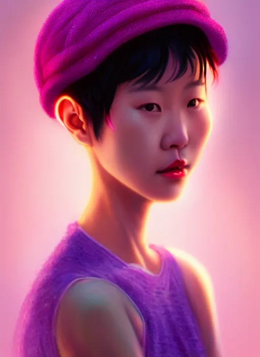 Image similar to portrait of chinese shanghai girl with bright pink hair, curly pixie cut hair, wearing a purple cap, breton cap, intricate, elegant, glowing lights, highly detailed, digital painting, artstation, concept art, smooth, sharp focus, illustration, art by wlop, mars ravelo and greg rutkowski