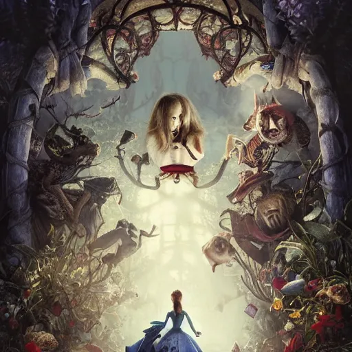 Image similar to Alice in Wonderland at the Dark Carnival, highly detailed, artstation, intricate, smooth, sharp focus, dark, horror, illustration, art by greg rutkowski and Yuumei, good clear quality, lighting, biology, symmetrical artwork, perfect face, 135 mm, cinematic, hyper realism, high detail, octane render, 8k, crimson highlights