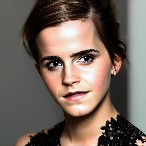 Image similar to portrait photograph of emma watson but her skin looks like avocado skin