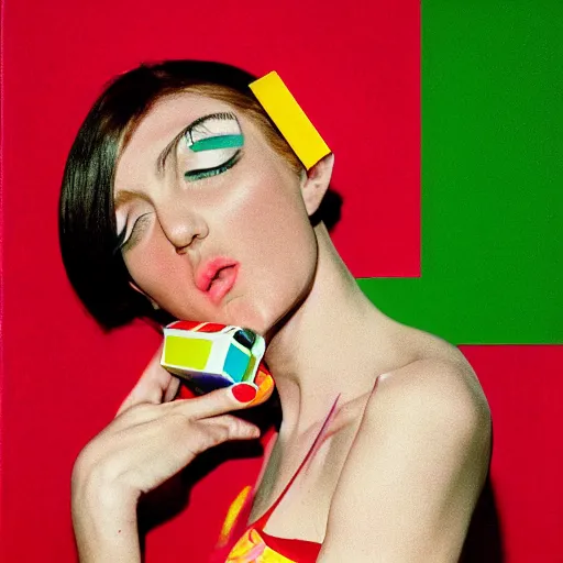 Image similar to a studio close - up portrait of a beautiful fashion model holding a brick to her ear. surreal photograph, lo - fi, polished look, silly and serious, hermes ad, fashion photography, toiletpaper magazine by pierpaolo ferrari and maurizio cattelan, 3 5 mm photograph, colourful, by pierpaolo ferrari, maurizio cattelan, david lachapelle