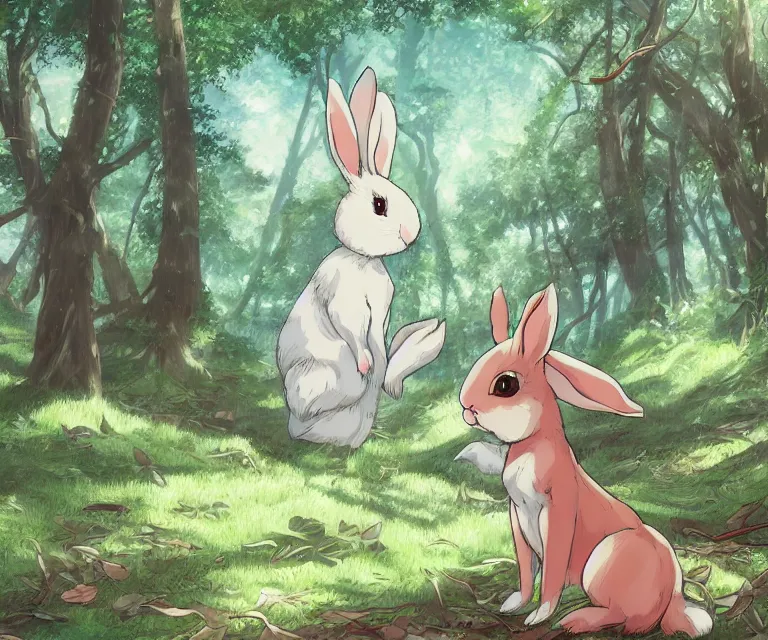 Prompt: rabbit in a forest, anime fantasy illustration by tomoyuki yamasaki, kyoto studio, madhouse, ufotable, comixwave films, trending on artstation