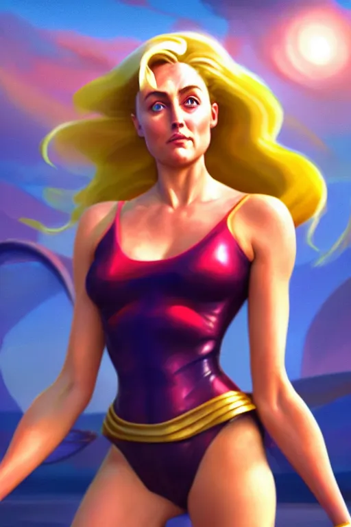 Image similar to polished sweaty she - ra : : young gillian anderson annasophia robb : : kate upton body : : weta disney pixar movie still photo : : hi - fructose, sci fi, fantasy, decadent highly - detailed digital painting, golden ratio, octane render, artstation, smooth, sharp focus, artgerm, mucha, loish, wlop : :