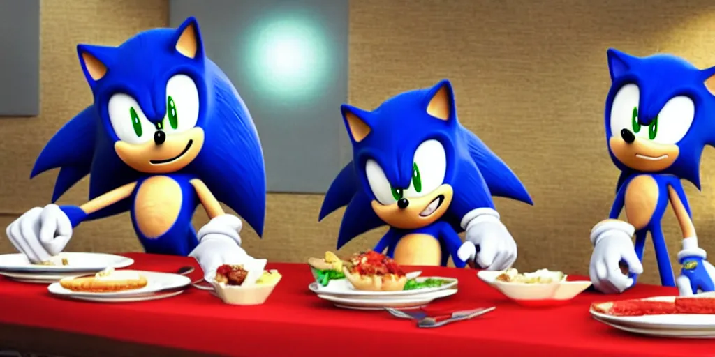 Prompt: A render of Sonic the Hedgehog sitting across from Shadow the Hedgehog at a restaurant, Sonic looks like he is shocked, Shadow is looking away in disgust, they both have hamburgers in front of them on a plate, movie, HDR, moody lighting, unique camera angle from the end of the table and between the two of them, candle lighting that is glowing on their faces