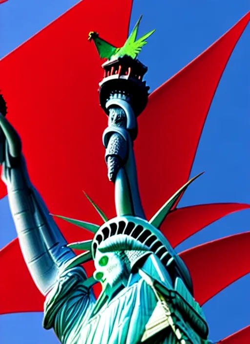 Image similar to red dragon and statue of liberty