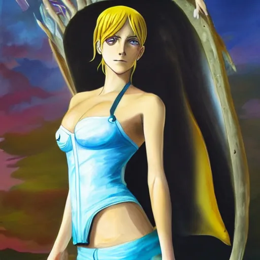 Image similar to emma watson as nami from one piece, oil painting, full body.