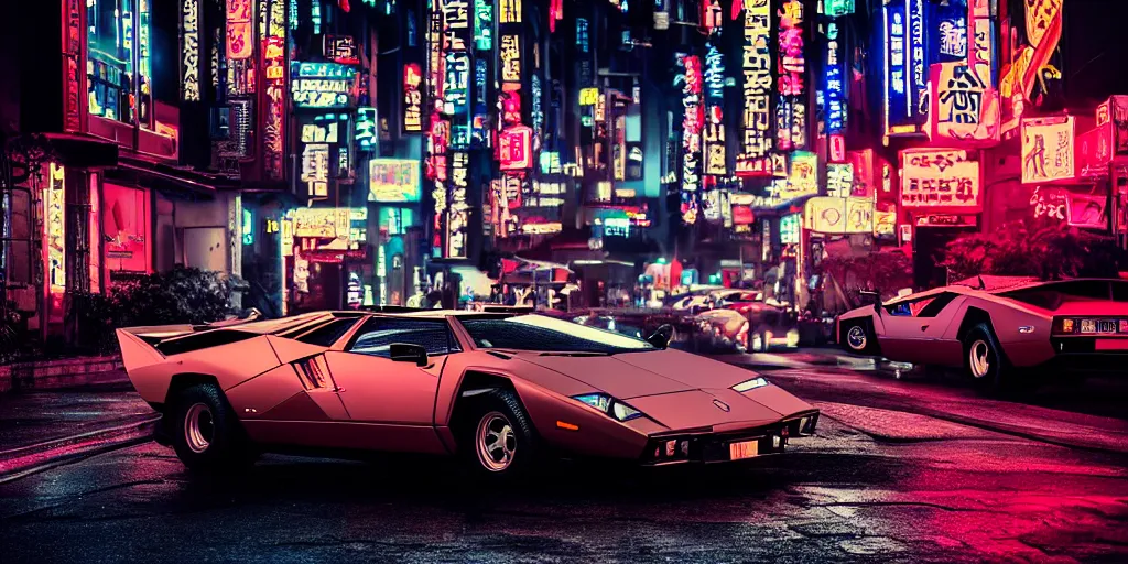 Image similar to photo lamborghini countach parked in a rainy neo tokyo street at night with neon light signs illuminating the scene, moody, hdr, 4 k