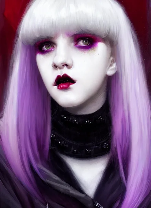 Image similar to portrait of white teenage girl, normal face, white bangs, mall goth, cyberlox, black and white hair, bangs, fluffy bangs, red contact lenses, purple lipstick, intricate, elegant, highly detailed, digital painting, artstation, concept art, sharp focus, smooth, illustration, art by wlop, mars ravelo and greg rutkowski