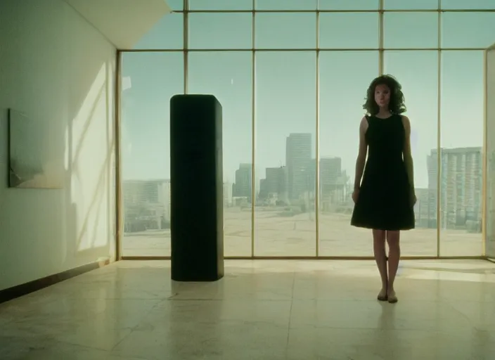 Image similar to photograph of young woman standing in front of radiating monolith in suburban living room, crisp focus, highly detailed, in roger deakins style, 3 5 mm ektachrome