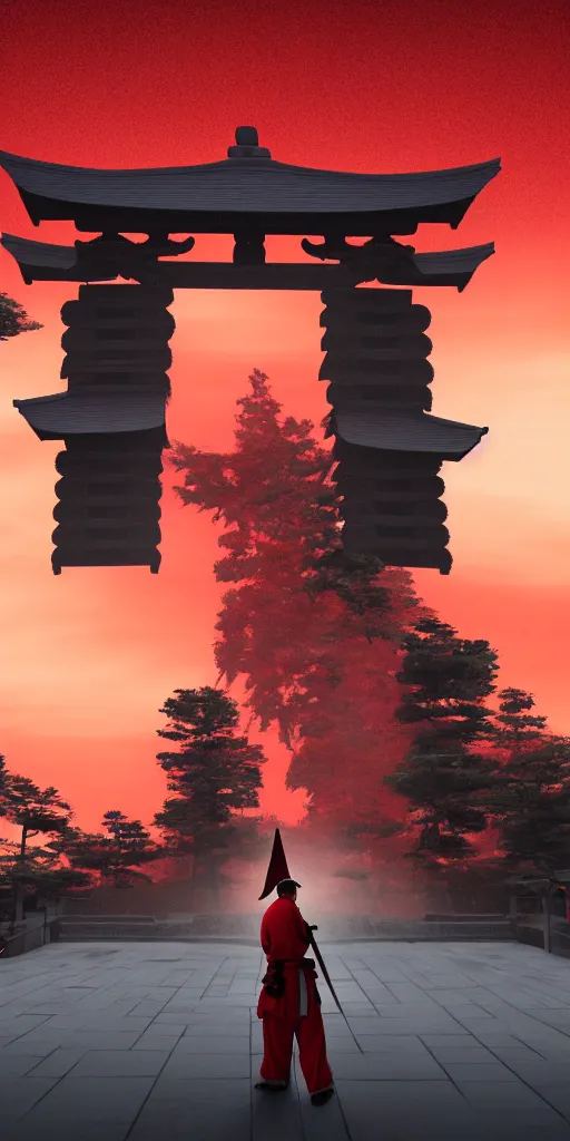 Image similar to Armed samurai standing under an enormous torii gate with the very very red rising sunrise ,hyper-realistic, your name sky, evening, octane rendering , inspired by Katsuhiro Otomo, pixelactivist