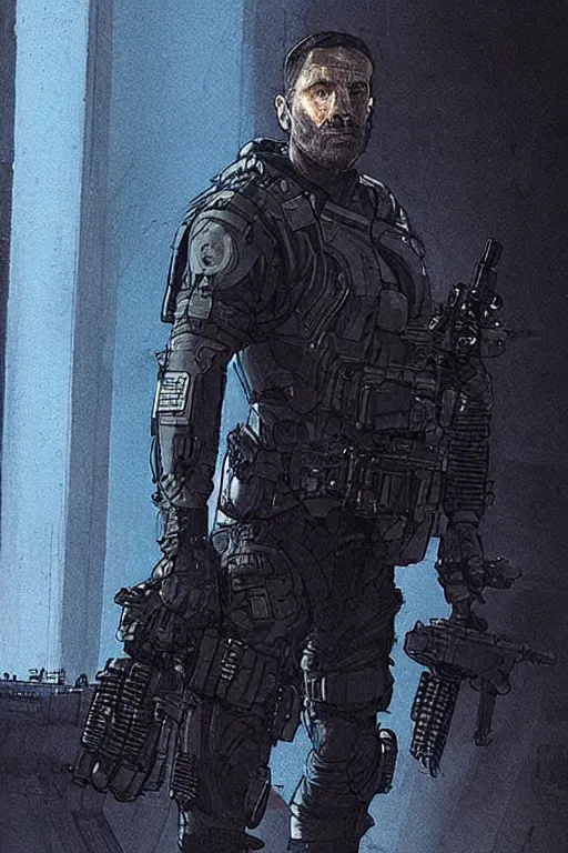 Prompt: Bruce. blackops mercenary in near future tactical gear, stealth suit, and cyberpunk headset. Blade Runner 2049. concept art by James Gurney and Mœbius.