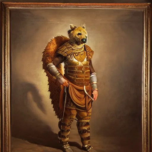 Image similar to A very detailed oil painting of an anthropomorphic hyena dressed like a Hoplite, Ancient Greece, backlit, very beautiful painting