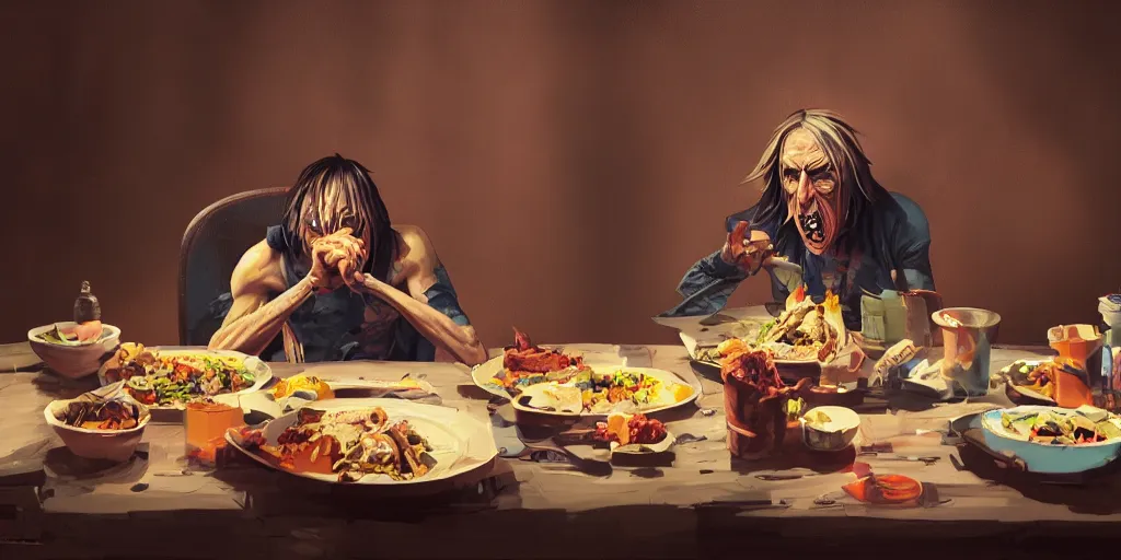 Image similar to cartoonish iggy pop eating dinner, vivid colors, character sheet, fine details, concept design, contrast, kim jung gi, greg rutkowski, trending on artstation, 8 k, full body, turnaround, front view, back view, ultra wide angle