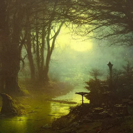 Image similar to A Landscape by Peter Mohrbacher and John Atkinson Grimshaw