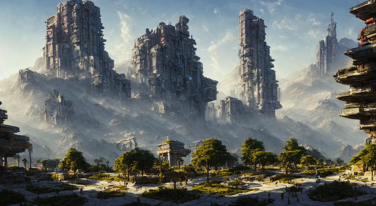 Image similar to futuristic cyberpunk city under kashmir mountains, hill valley grec greeble temple of olympus glory island little wood bridge painting of tower ivy plant in marble late afternoon light, wispy clouds in a blue sky, by frank lloyd wright and greg rutkowski and ruan jia