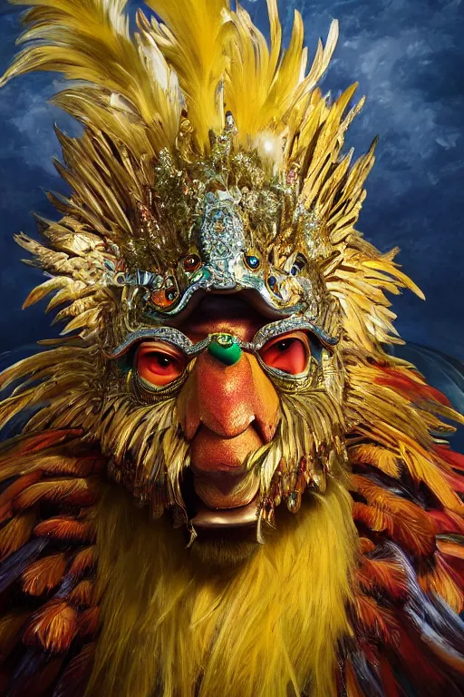 Image similar to masterful fantastic realist painting an exotic ancient feathered and bejeweled bird wearing an exquisite and fiercely painted bugaku mask of a tiger, gold chains strung like tinsel, digital painting trending on artstation, viciously blinded, volumetric lighting and mist, cosplay, portrait painting, hyperrealistic, octane render