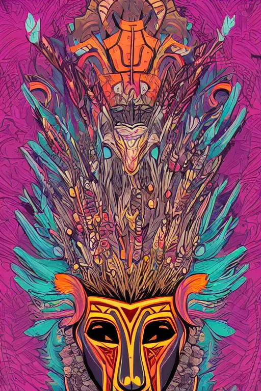 Image similar to totem animal mask tribal feather gemstone plant wood rock shaman vodoo video game vector illustration vivid multicolor borderlands comics by josan gonzales and dan mumford radiating a glowing aura