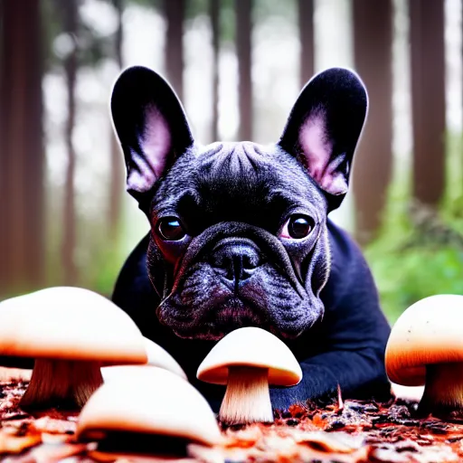 Image similar to french bulldog wearing round goggles sitting on a mushroom in a forest, hyper realistic, HD, HQ, photo realistic