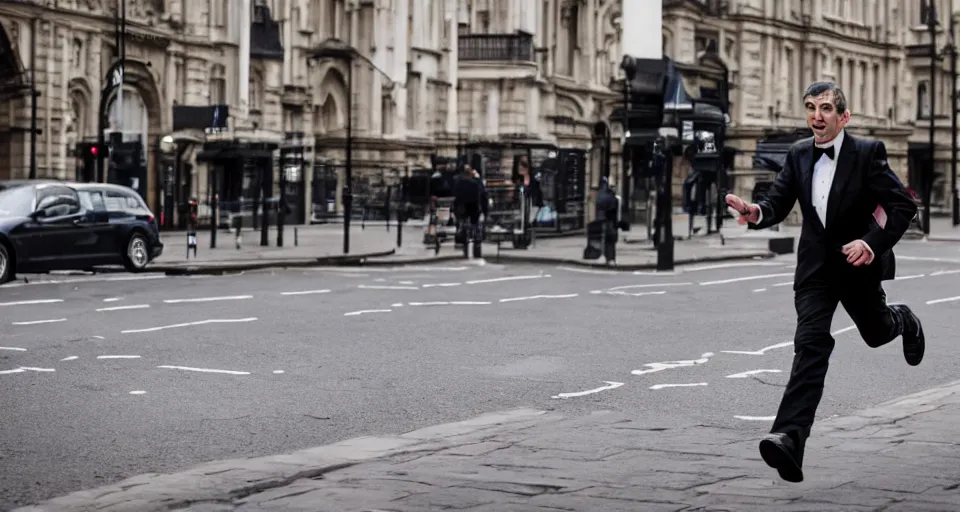 Prompt: mr bean as james bond running down the street in london, 4 0 mm f / 2. 8, cinematic, cool, anamorphic, dramatic