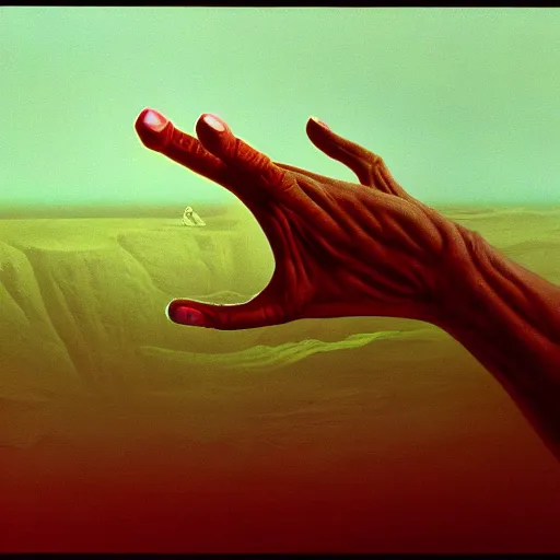 Image similar to Alien Hand Syndrome, illustrated by Zdzisław Beksiński, artistic interpretation, trending on artstation, 4k, 8k