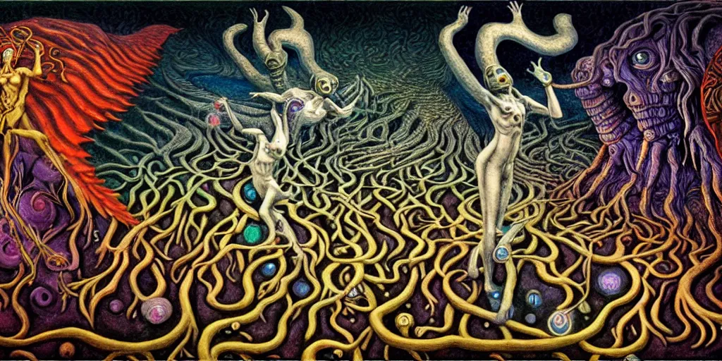 Image similar to bifrost bifrostian mythical creatures and monsters in the visceral anatomical human heart imaginal realm of the collective unconscious, in a dark surreal mixed media oil painting by johfra, mc escher and ronny khalil, dramatic lighting from inner fire