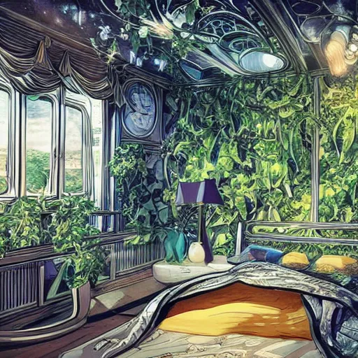 Prompt: Interior of a bedroom on a spaceship, in the background is large window showing a view of outer space, lush plants are spread around the room, intricate, elegant, highly detailed, smooth, sharp focus, detailed face, high contrast, graphic novel, art by Ardian Syaf,