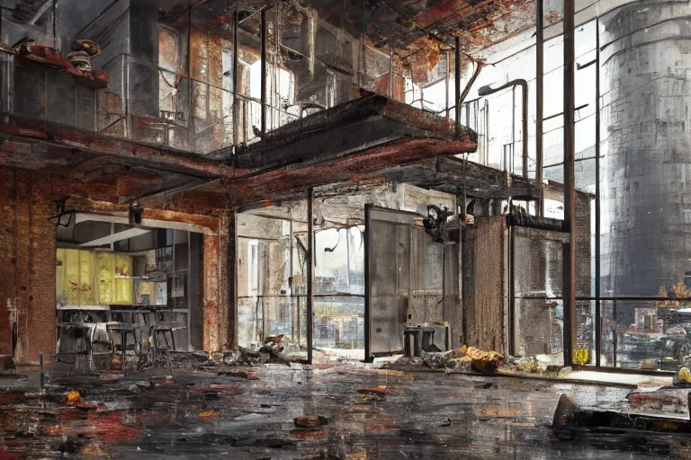Image similar to palette knife oil pairing of an open - plan loft apartment with a panoramic view of a grim industrial landscape of cooling towers and rusted silos. inside, the apartment is fancy but filled with mess. extreme detail, artstation trending, artgerm, deviant art, octane, substance, art history 8 k