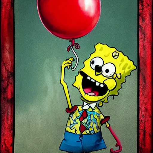 Image similar to grunge painting of spongebob with a wide smile and a red balloon by chris leib, loony toons style, pennywise style, corpse bride style, horror theme, detailed, elegant, intricate