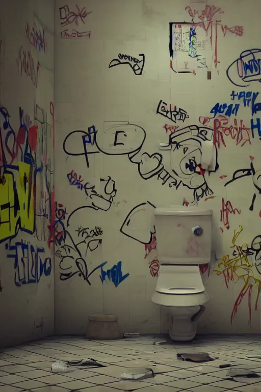 Prompt: old public restroom after a battle, graffiti on walls, broken tiles, broken lightbulbs toilets with scratches, roaches, mess. toilet paper everywhere pixar disney 4 k 3 d render funny animation movie oscar winning trending on artststion and behance. oscar award winning.