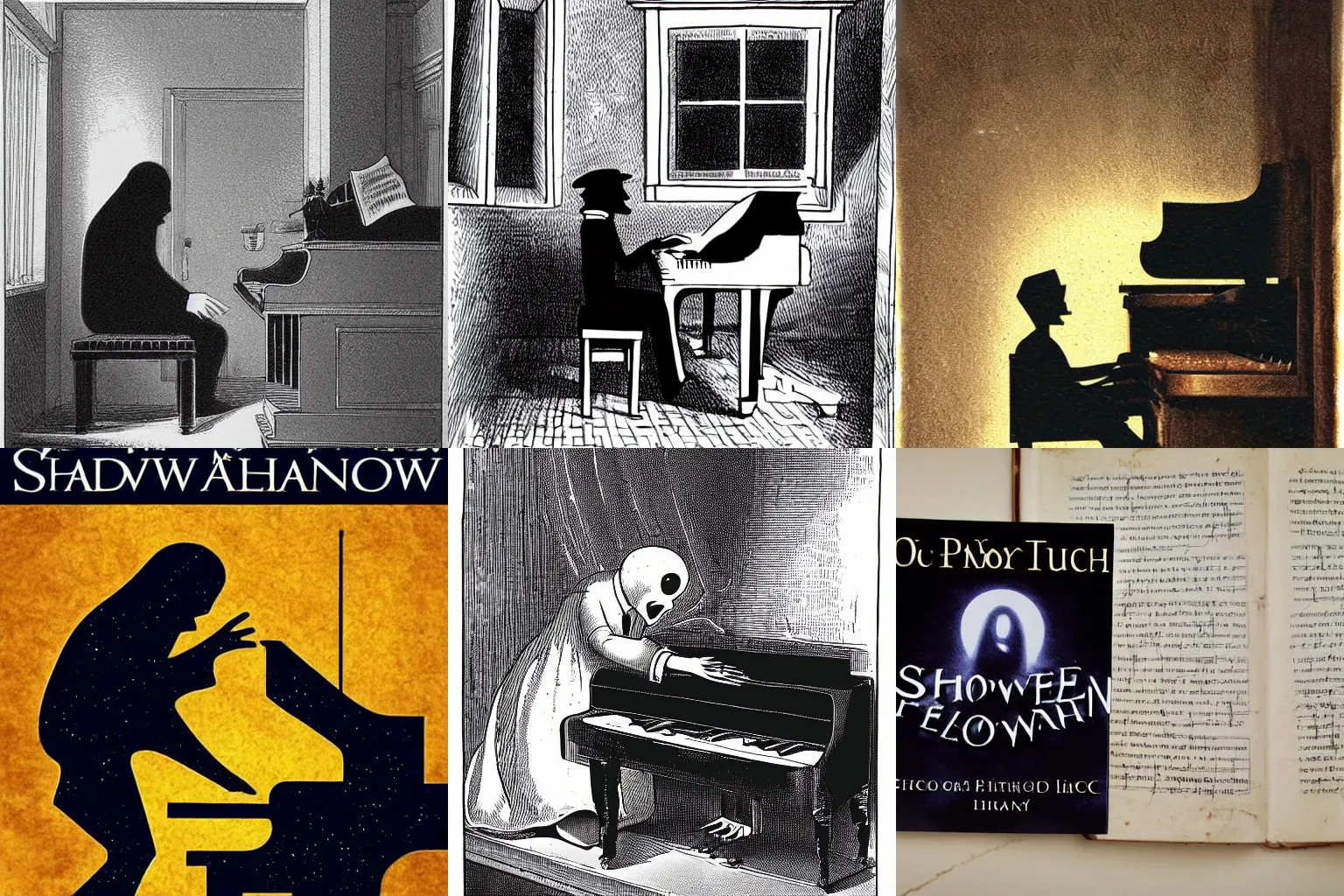 Prompt: a shadow man playing piano, occult, hidden truth, gloomy, story book for adults
