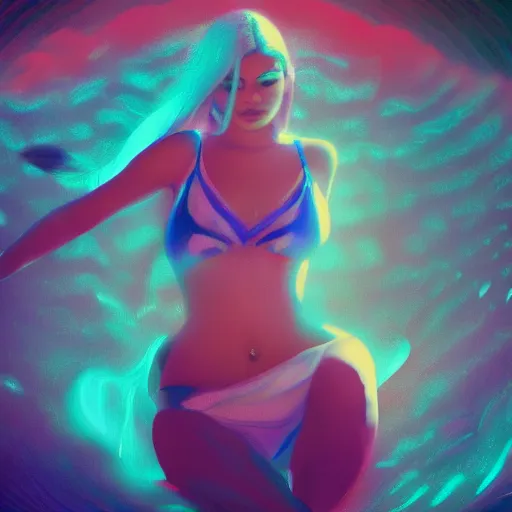 Prompt: KYLIE JENNER with pistol swimming in chromatic SPIRITS in misty mysterious astral temple, beautiful, dmt, trending on artstation, omnious, soft, REALISTIC