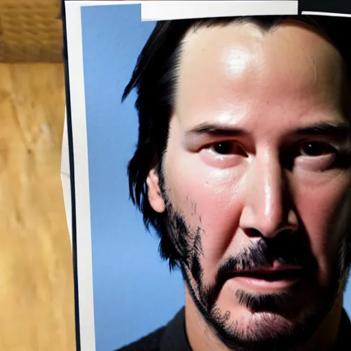 Image similar to a photo portrait photo of keanu reeves mugshot after being arrested, holding a sign with random numbers, 8 k resolution, photorealistic