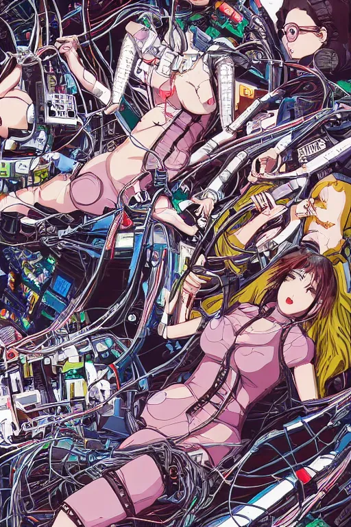 Image similar to cyberpunk anime illustration of a group of female androids lying on an empty white floor in various poses with their bodies open showing a tangled mess of wires and cables coming out, by katsuhiro otomo and masamune shirow, hyper-detailed, colorful, beautiful, bird view