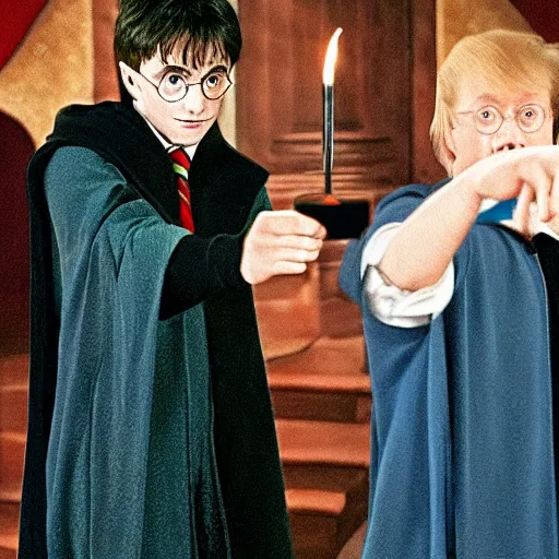 Prompt: harry potter trying to cast a spell on donald tramp