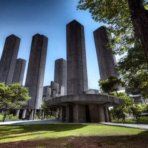 Prompt: a sci - fi beautiful brutalist hypermodern monument, with many rounded brutalist towers sprouting from the base tower creating a feel of a tree - like structure, photography