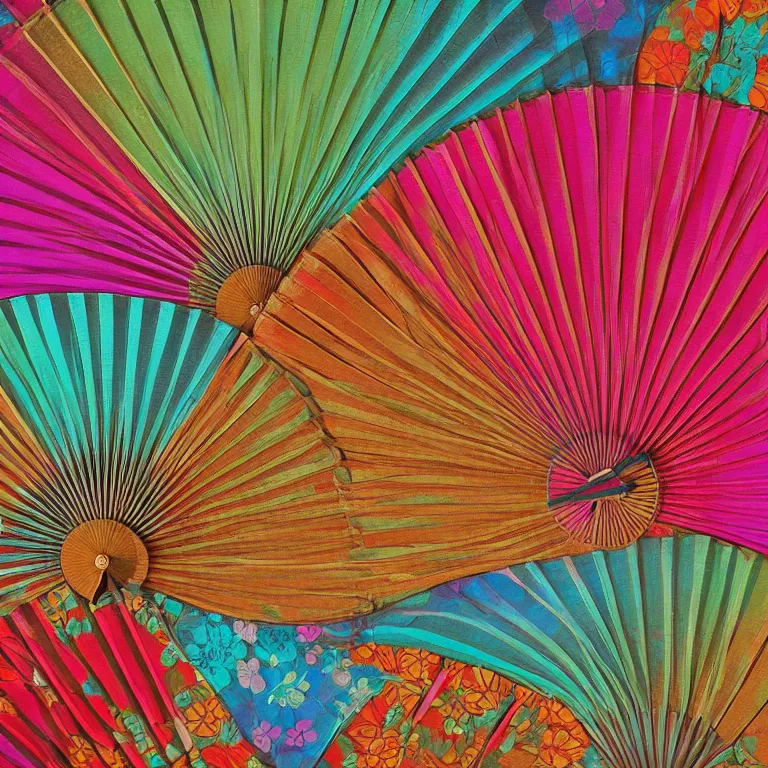 Image similar to japanese pattern, colorful silk fan, digital painting, highly detailed, intricate, elegant, artstation, concept art, colorful, beautiful,