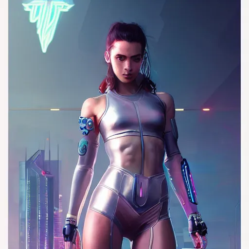 Image similar to an athletic humanoid girl, cyberpunk 2070, synthwave, highly detailed, full shot, digital painting, cgsociety, concept art, sharp focus, illustration, art by artgerm and greg rutkowski and alphonse mucha