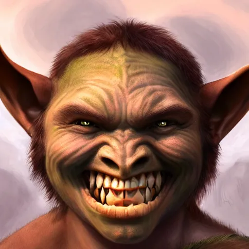 Image similar to a detailed portrait of a cute child orc boy smiling, fantasy art illustration, incredibly highly detailed and realistic, 8 k, sharp focus