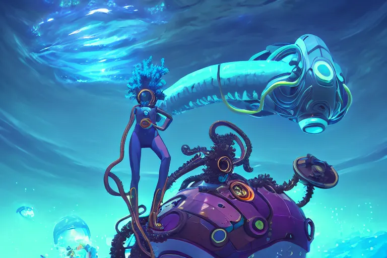 Image similar to afro - futurist scuba divers escaping an alien leviathan, gigantic angler fish with tentacles | hyperrealistic digital painting by makoto shinkai, ilya kuvshinov, lois van baarle, rossdraws | afrofuturism in the style of hearthstone and overwatch, trending on artstation