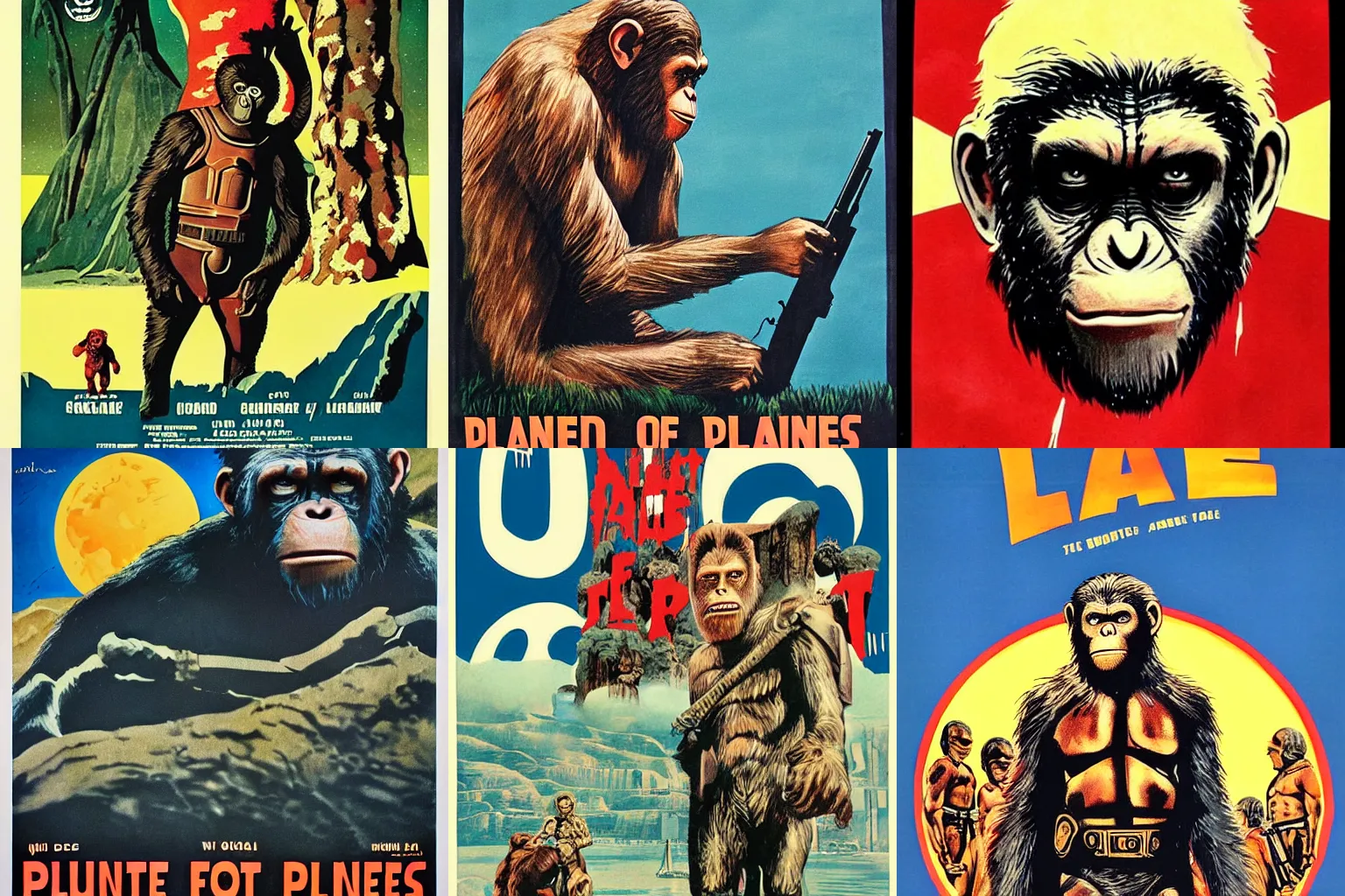 Prompt: Planet of the apes, 1968, movie poster, vintage illustration