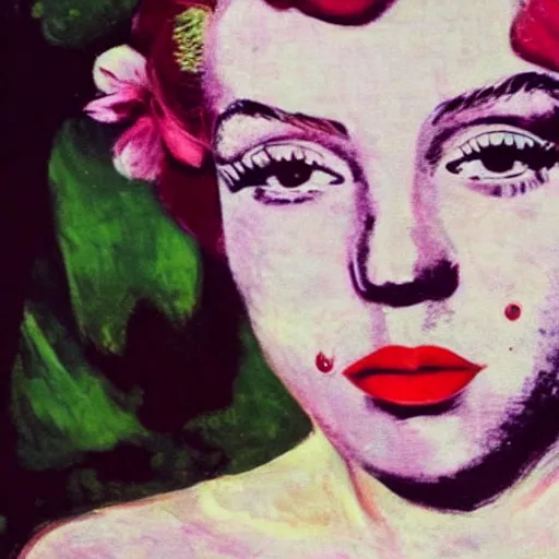 Image similar to Girl in flowers, red lipstick on her face, ugly look, Gauguin style, the appearance of Marilyn Monroe