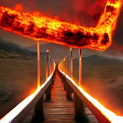 Image similar to Long bridge to hell, dslr, hyper realistic, photojournalism, scary, firey, disturbing