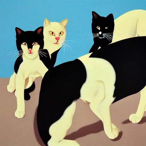 Prompt: a black thin slender labrador dog and two cats, oil painting by Hiroshi Nagai