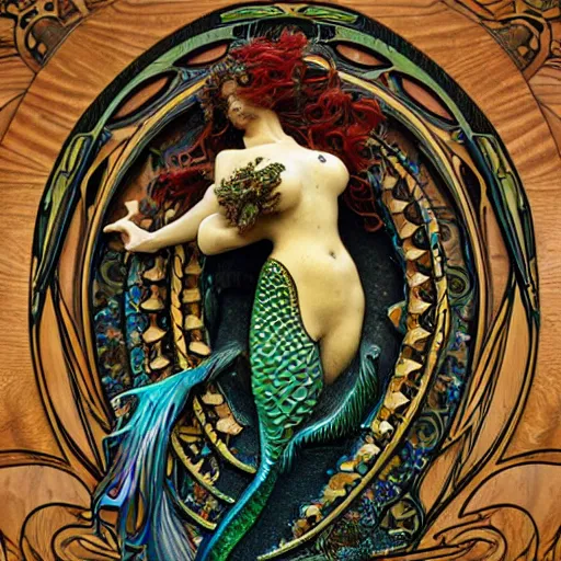 Prompt: mermaid, by alphonse mucha, wood sculpture, black wood with intricate and vibrant color details, mandelbulb fractal, exquisite detail, wooden tarot