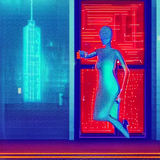Prompt: a beautiful slim blue holographic woman standing in a future city, night, rain, film grain, neon signs, blade runner style