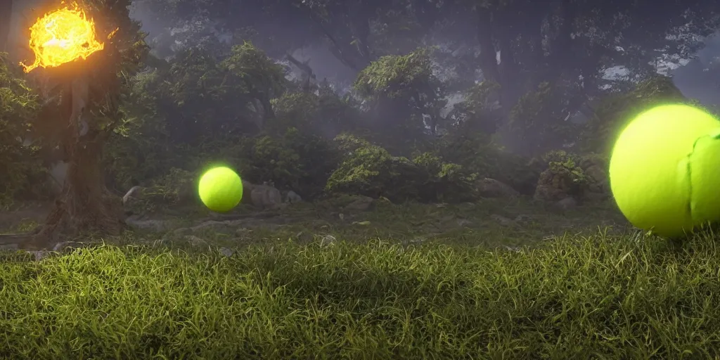 Image similar to a photo of 8 k ultra realistic tennis ball monster, tennis ball monsters, exotic, cinematic lighting, trending on artstation, 4 k, hyperrealistic, focused, high details, unreal engine 5, cinematic, alien planet atmosphere in background, 3 d render by basil gogos and beeple