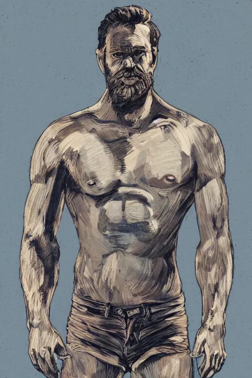 Prompt: portrait of a rugged ranger, muscular, upper body, hairy torso, in the style of Corporate Memphis, Francis Bacon, James Jean, Alegria style, Buck Studios artwork, gradients, simple, minimalist, medium shot