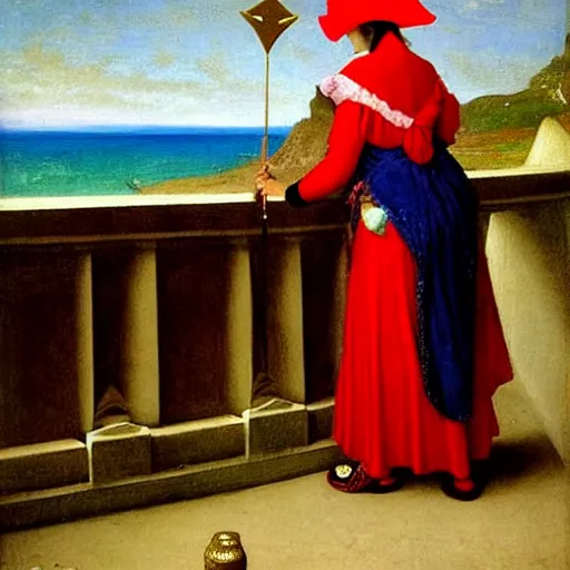 Prompt: A girl with jester hat and clothes on the front of a Balustrade with a beach on the background, major arcana cards, by paul delaroche, hyperrealistic