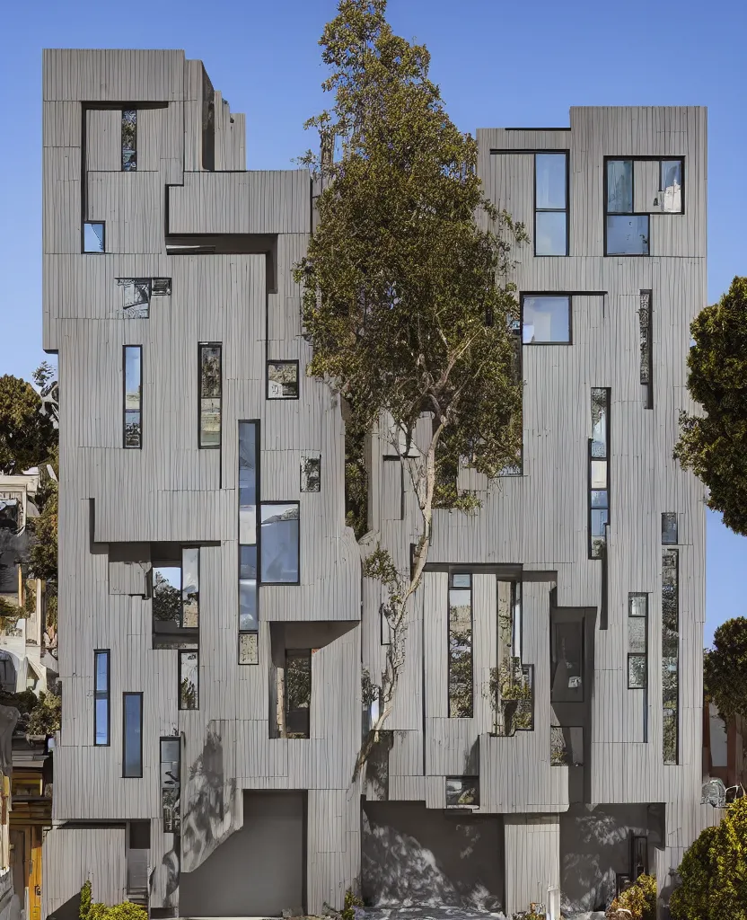 Prompt: an alex-grey DMT style home with mandelbrot architecture, fibonacci sequence windows, in san fransisco, 24mm zillow photo, in the style of david chipperfield and gregory crewdson