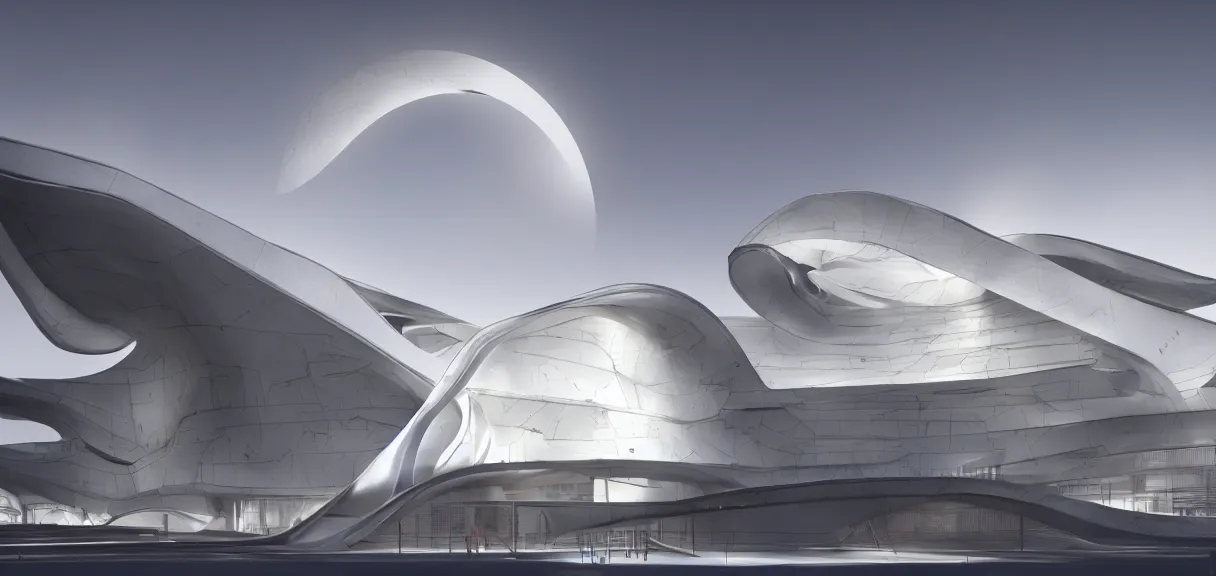 Image similar to a half moon in the sky shining on a white museum by zaha hadid in the cyberpunk city, cinematic, realistic, render in unreal engine 5
